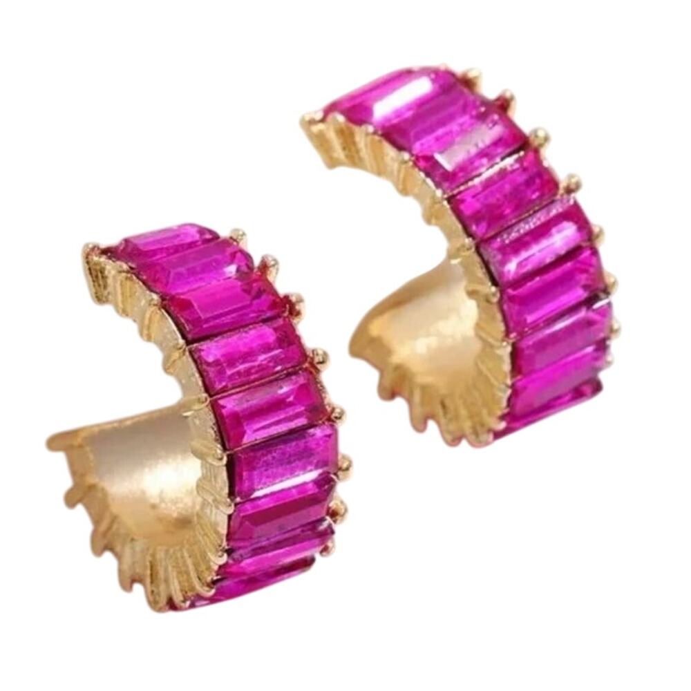 4439 NIP Stunning 1" Hot Pink Magenta Baguette Huggie Hoop Boho Stud Earrings
